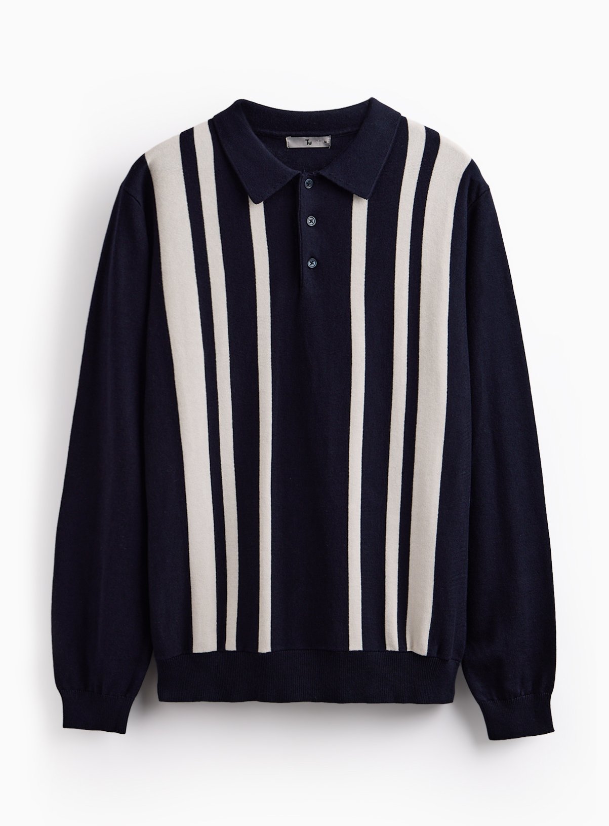 Men's Navy Striped Long Sleeve Polo