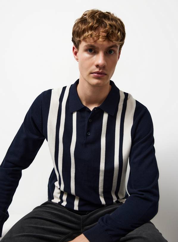 Navy Striped Long Sleeve Polo M