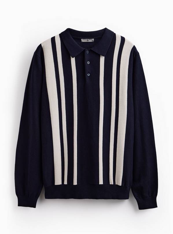 Navy Striped Long Sleeve Polo XXL