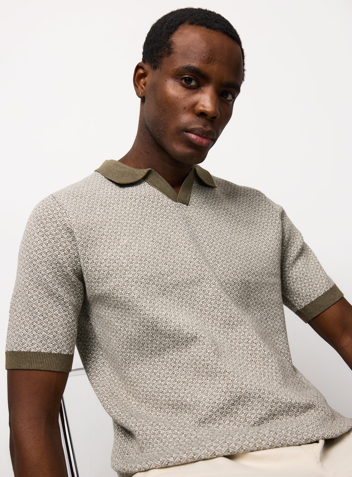 Khaki Jacquard Trophy Neck Polo Shirt S - Image 1 thumbnail