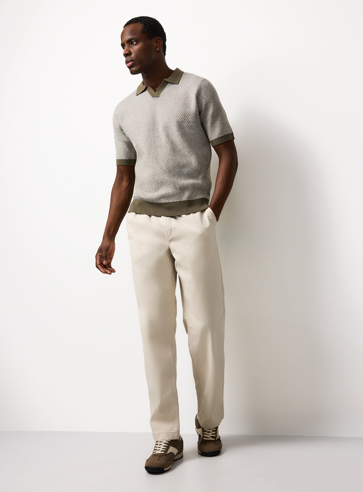 Khaki Jacquard Trophy Neck Polo Shirt S - Image 2 thumbnail
