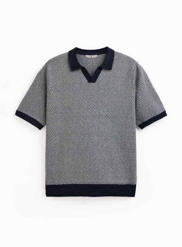 Navy Jacquard Trophy Neck Polo Shirt S