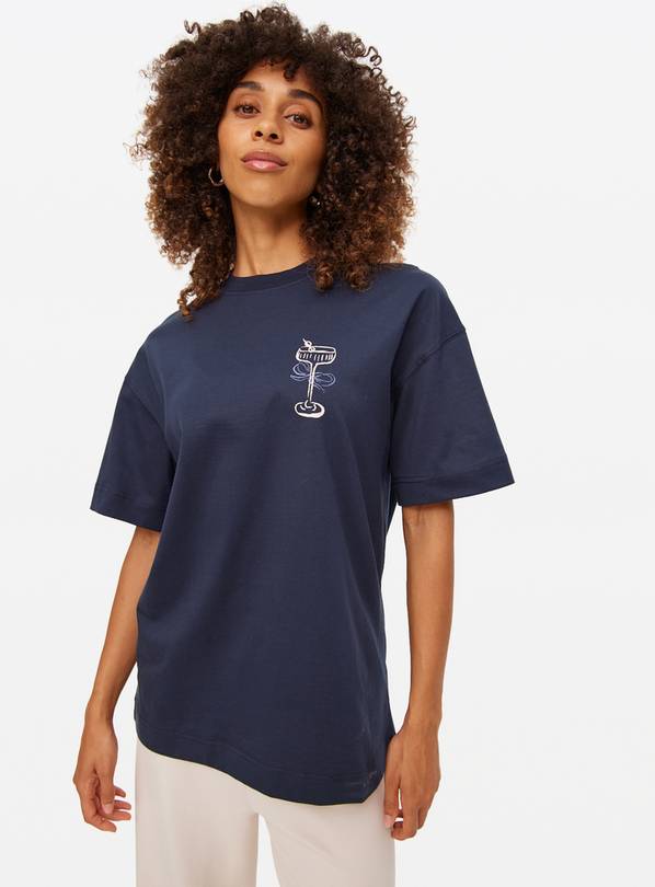 Navy Dinner Placement Print Oversized T-Shirt M