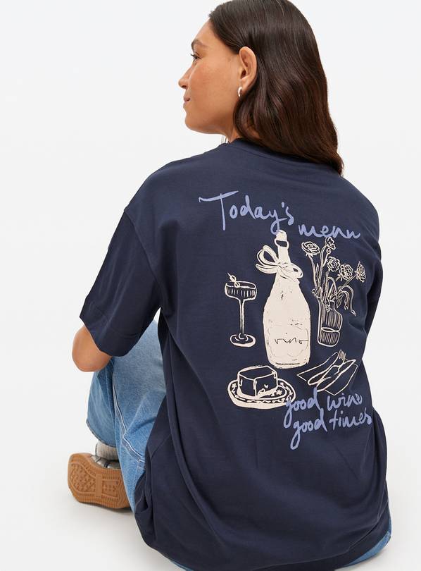 Navy Dinner Placement Print Oversized T-Shirt XL