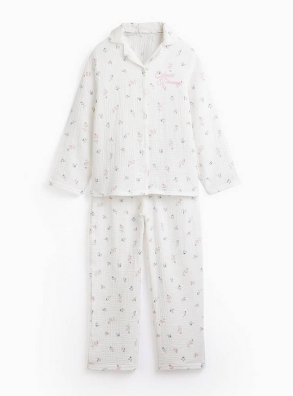 White Floral Print Double Cloth Traditional Pyjamas 4-5 years