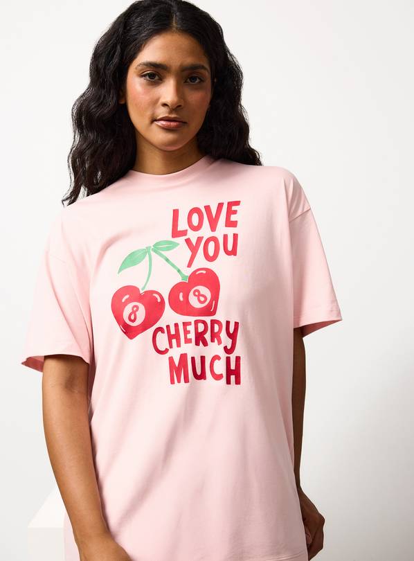 Pink Cherry Print Oversized Sleep Tee S