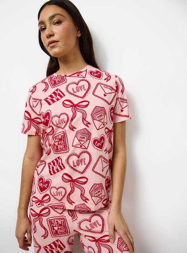 Pink Love Letter Print Short Sleeve Pyjama Set XL