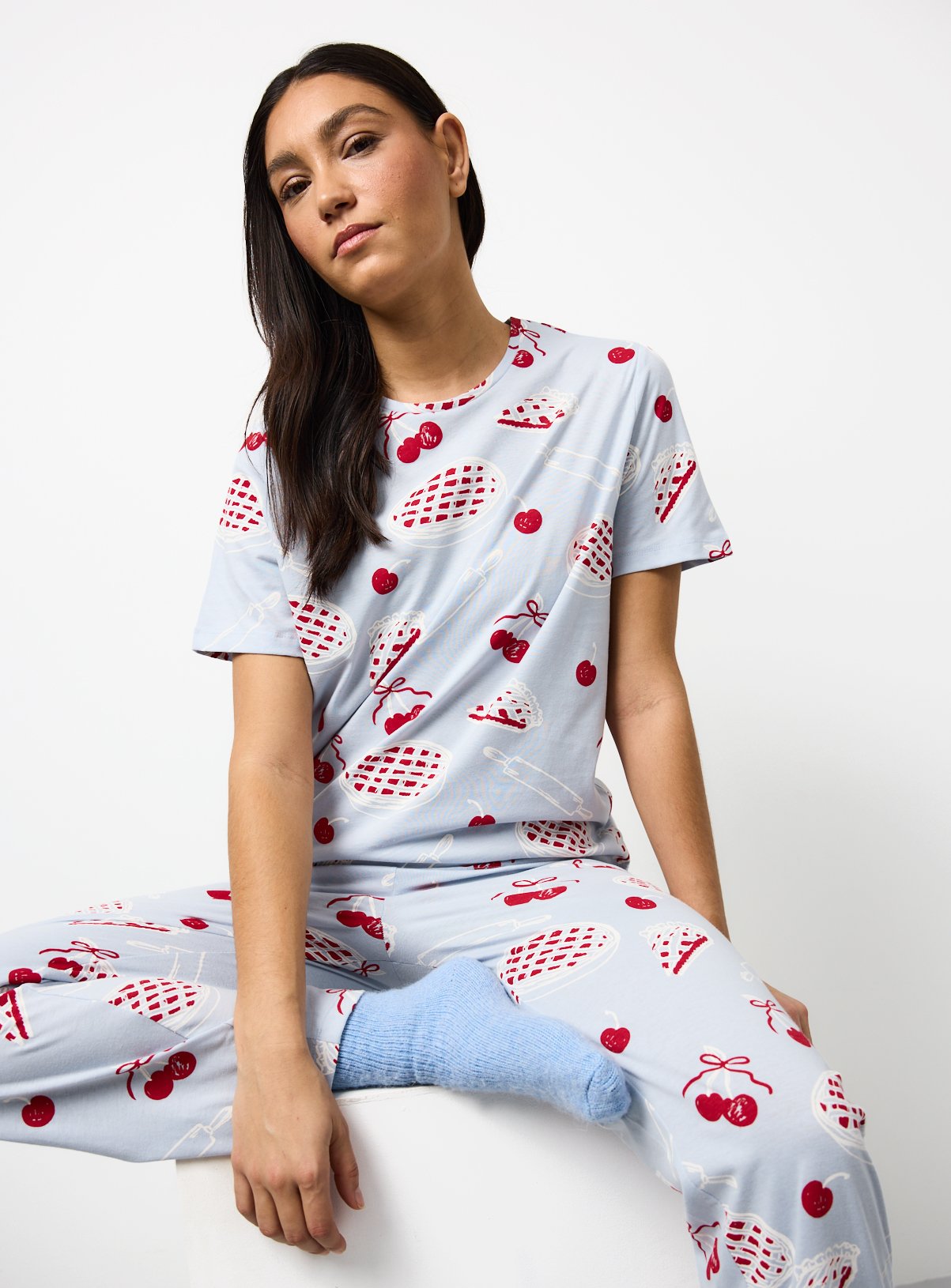 Blue Cherry Pie Print Short Sleeve Pyjama Set