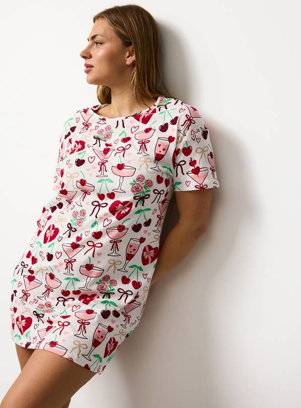 White Bows & Drinks Print Sleep Tee M