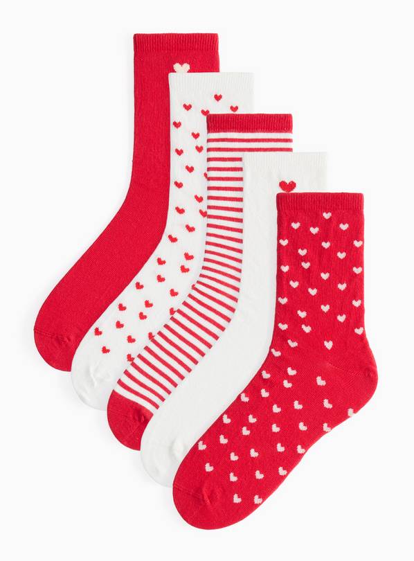 Red & White Heart Print Ankle Socks 5 Pack 4-8