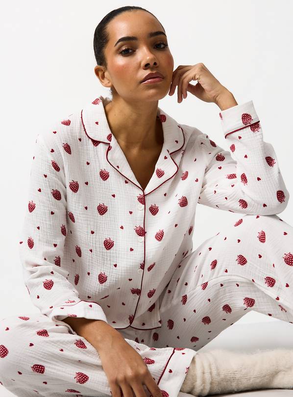 White Strawberry Print Traditional Pyjamas M