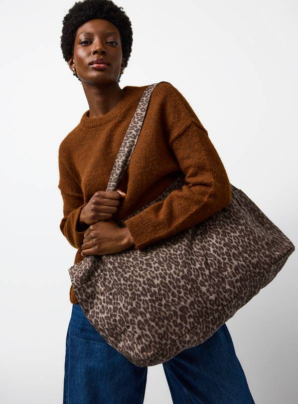 Brown Leopard Printed Canvas Tote Bag One Size