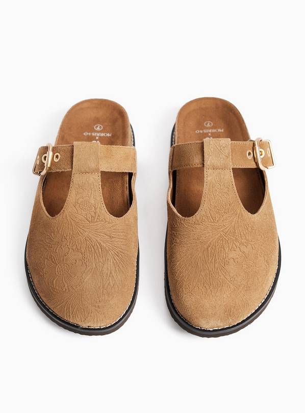 Tu x Morris & Co. Tan Leather Flower-Embossed Clogs 7