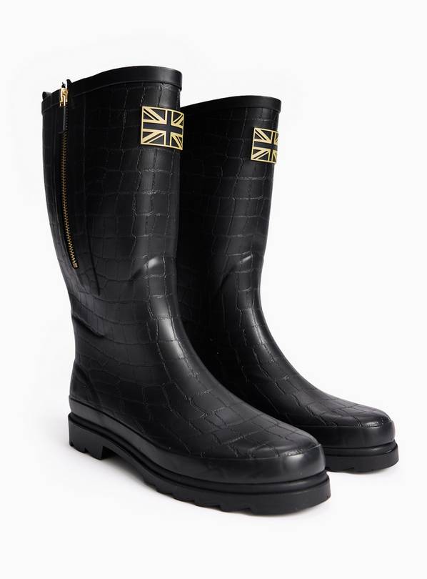 Black Croc Print Long Zip Wellies 8