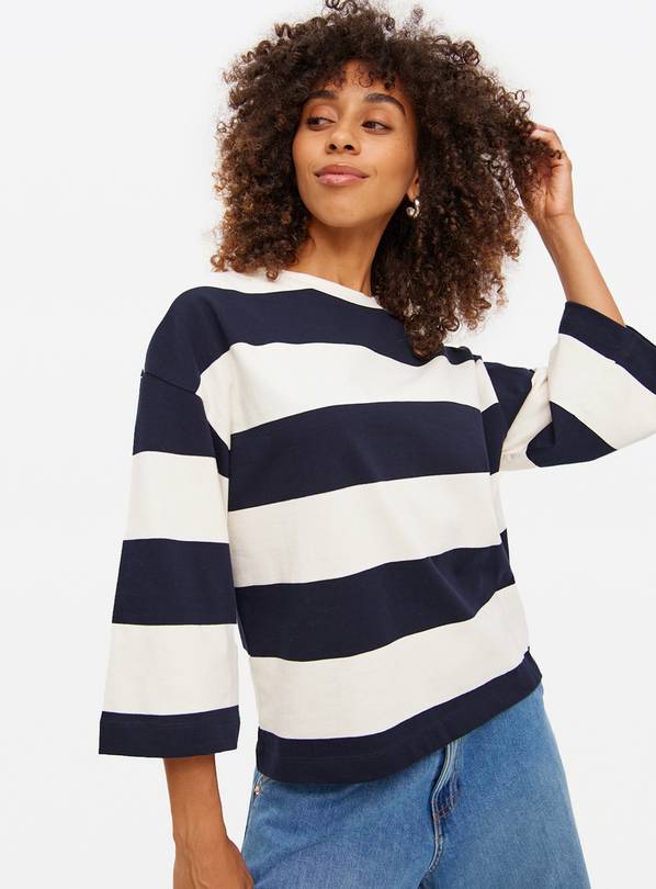 Navy 3/4 Sleeve Striped T-Shirt M
