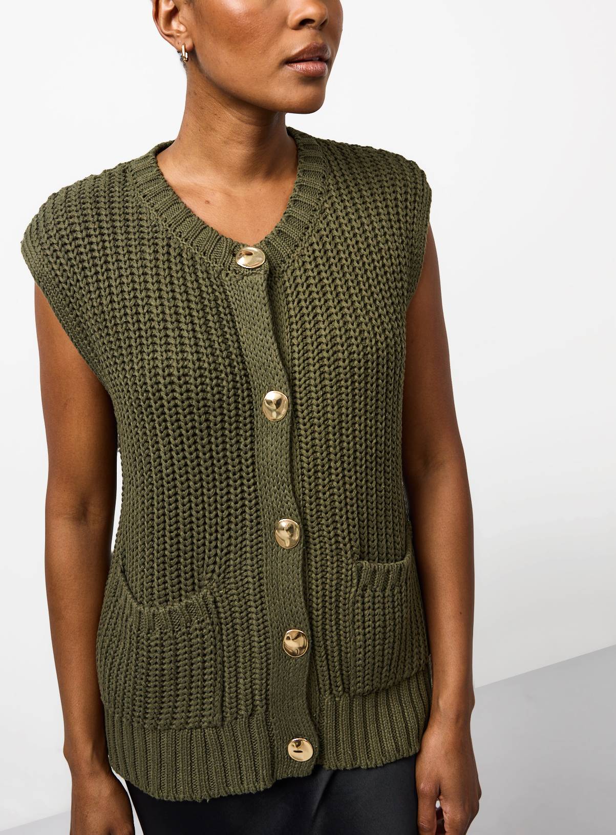 Green Chunky Knitted Gold Button Vest 16 - Image 3