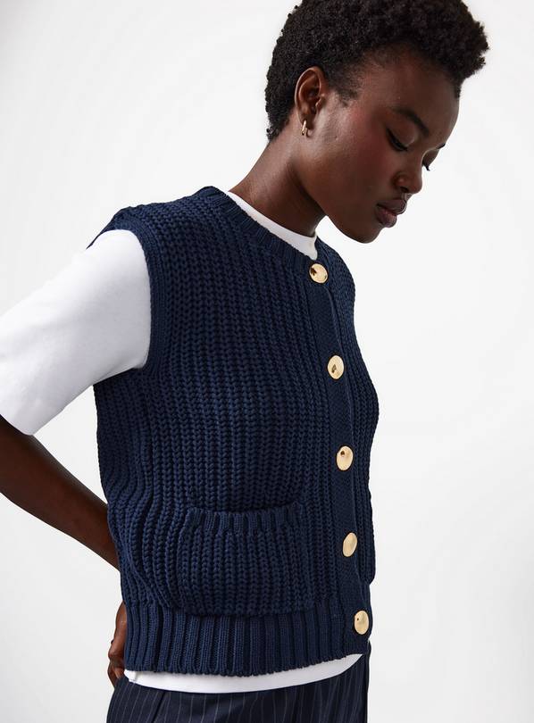 Navy Chunky Knitted Gold Button Vest 8