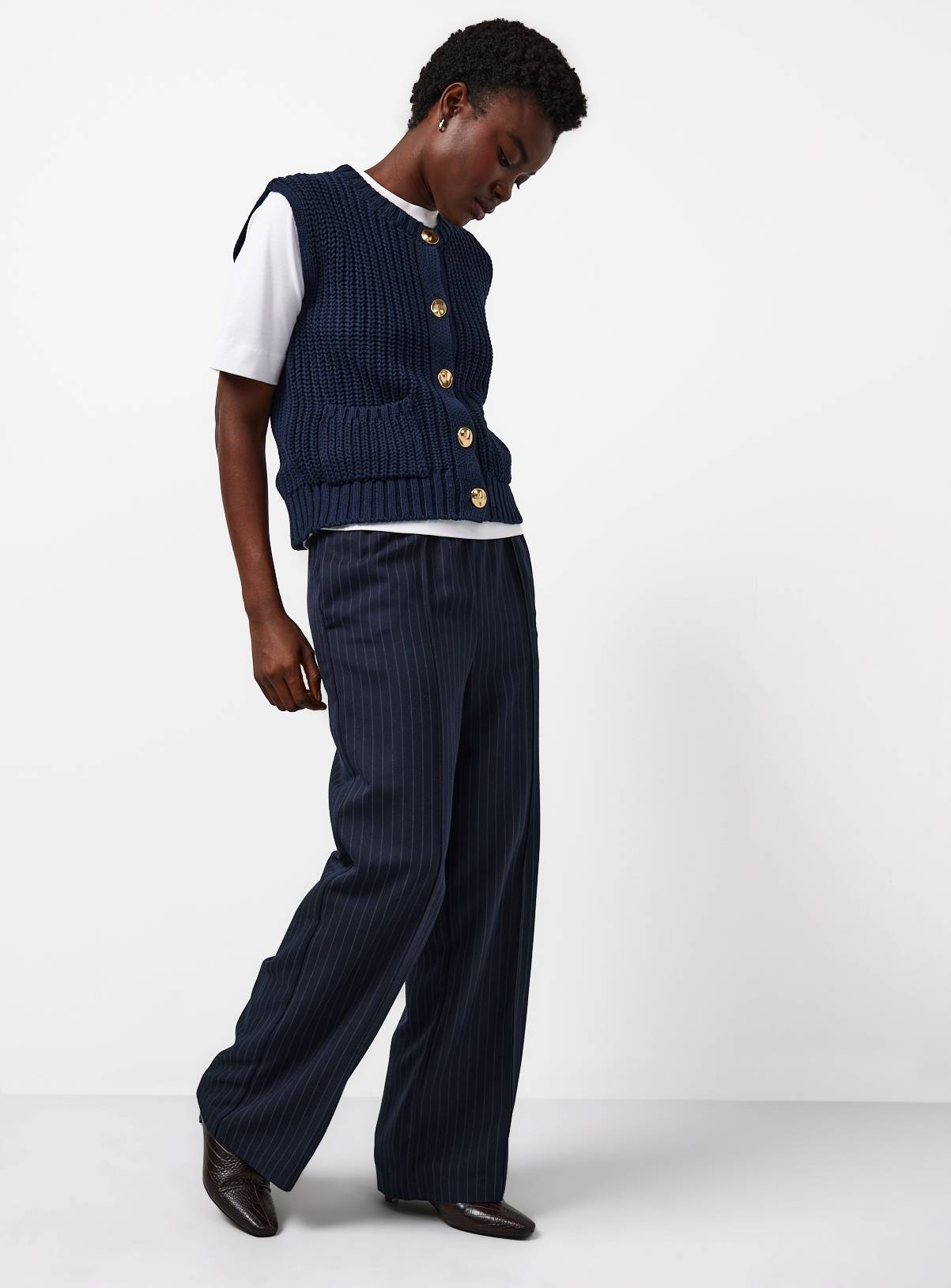 Navy Chunky Knitted Gold Button Vest 8 - Image 2