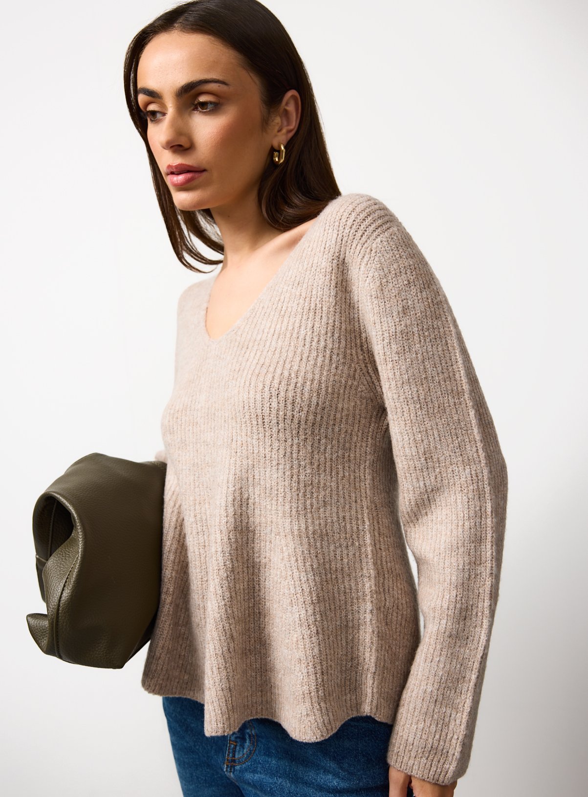 Oatmeal Cinched Waist V-Neck Jumper 14 - Image 1 thumbnail