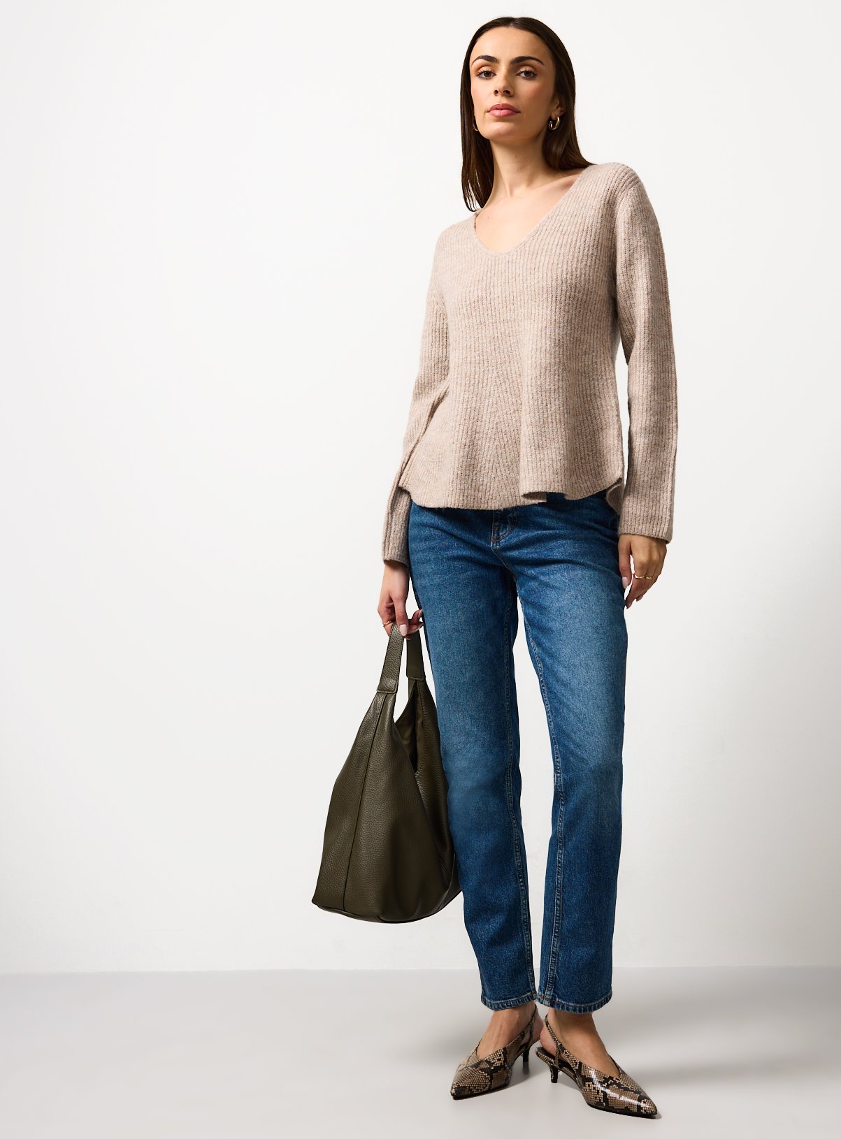 Oatmeal Cinched Waist V-Neck Jumper 14 - Image 2 thumbnail
