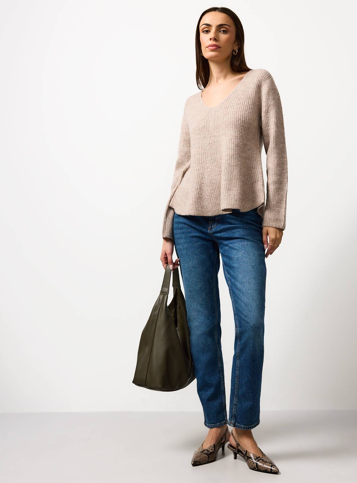 Oatmeal Cinched Waist V-Neck Jumper 14 - Image 2
