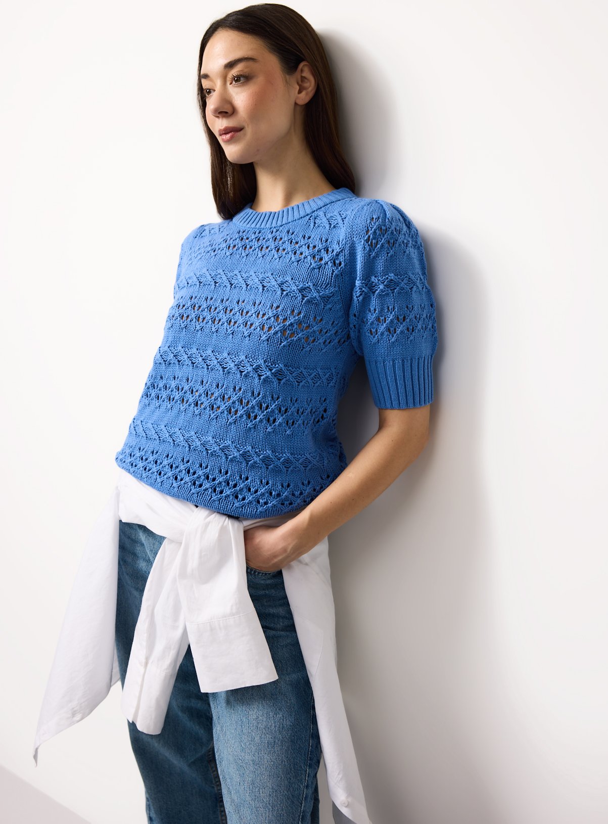 Blue Chunky Pointelle Stitch Tee 6 - Image 1 thumbnail