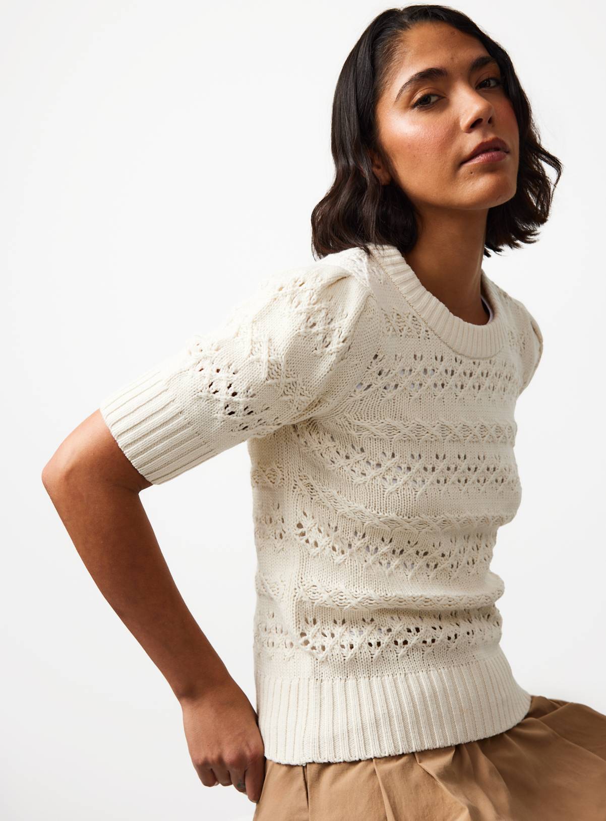 Cream Chunky Pointelle Stitch Tee 10 - Image 1