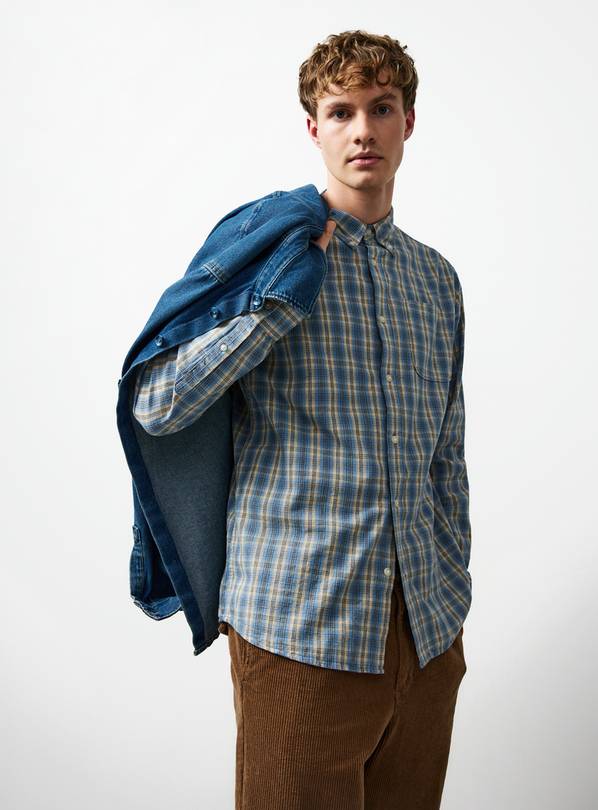 Blue Micro Check Long Sleeve Shirt XXL