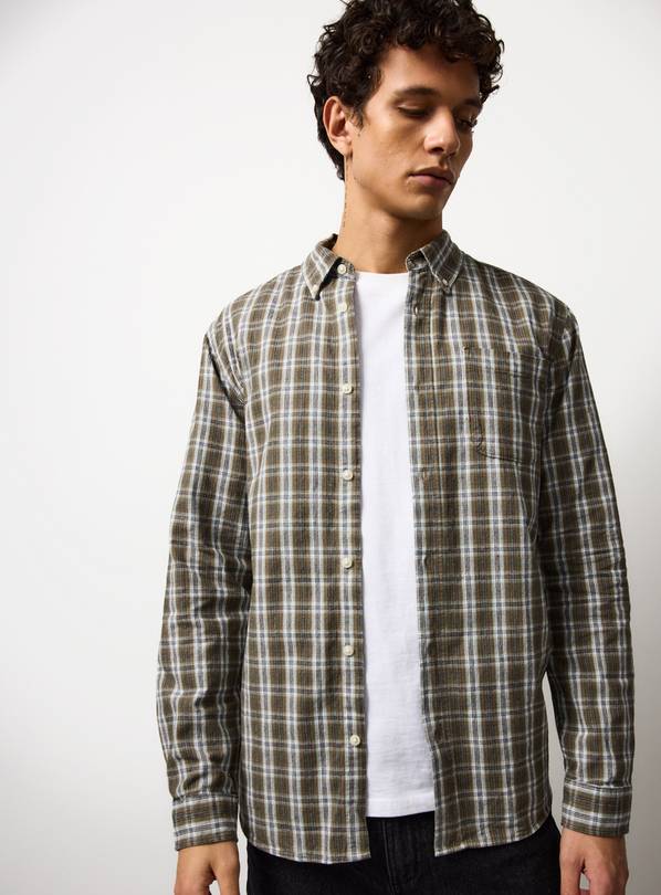 Khaki Micro Check Long Sleeve Shirt M