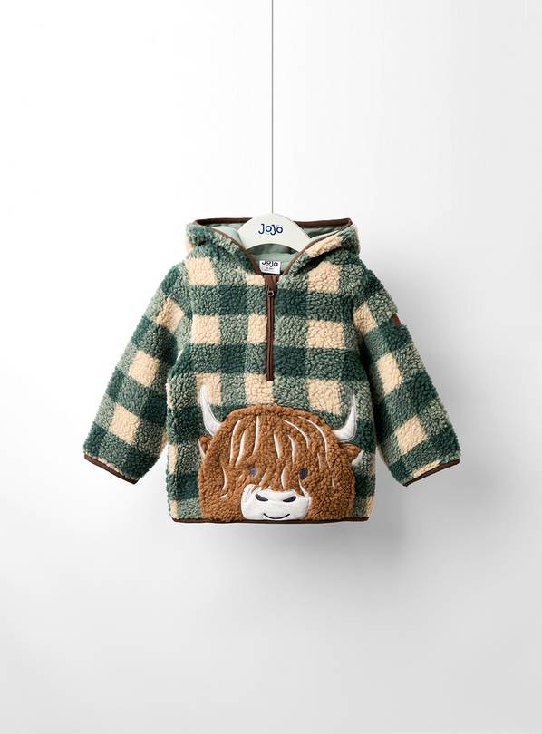 JOJO MAMAN BÉBÉ Highland Cow Applique Half Zip Borg Jacket 6-12 months