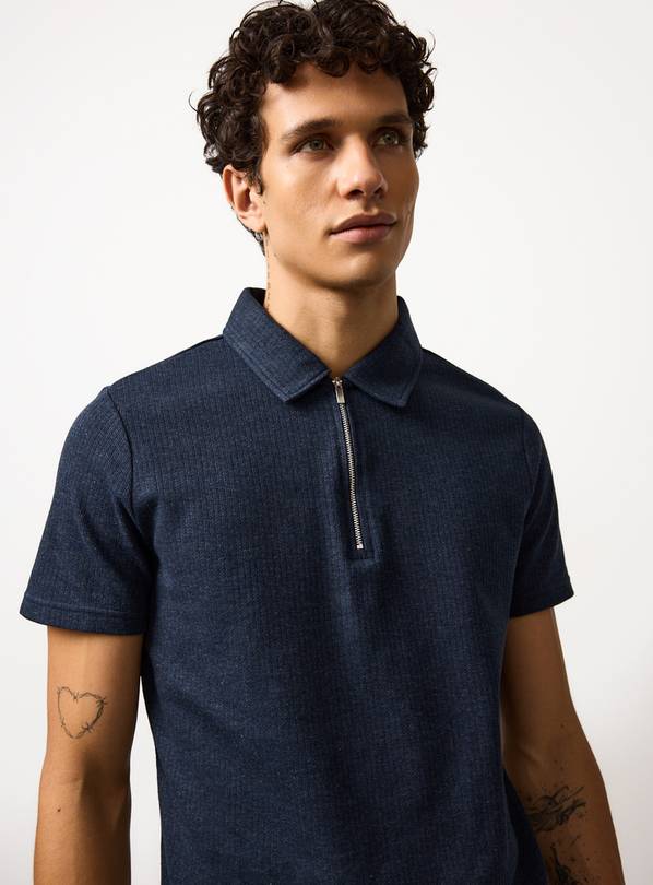 Navy Ribbed Knit Zip Polo L