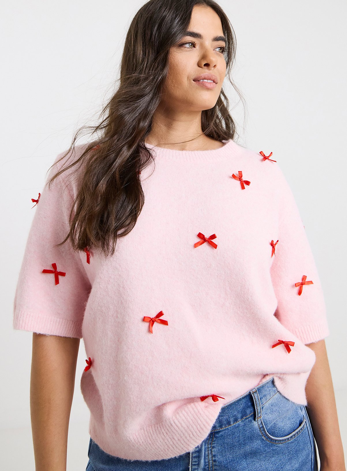 Pink SIMPLY BE Bow Embroidered Knitted Short Sleeve Jumper