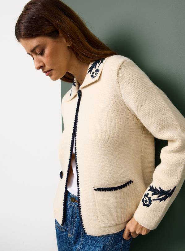 Tu x Morris & Co. Cream Acorn Embroidery Collared Cardigan XS