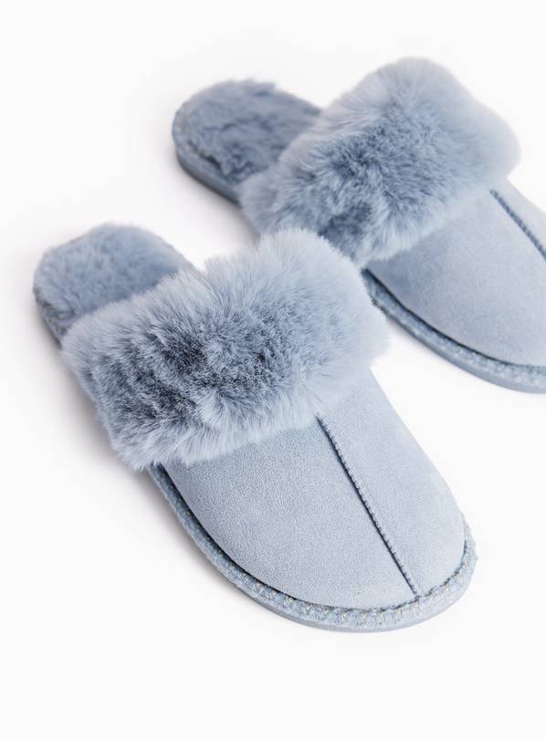 Blue Faux Fur Detail Mule Slippers S