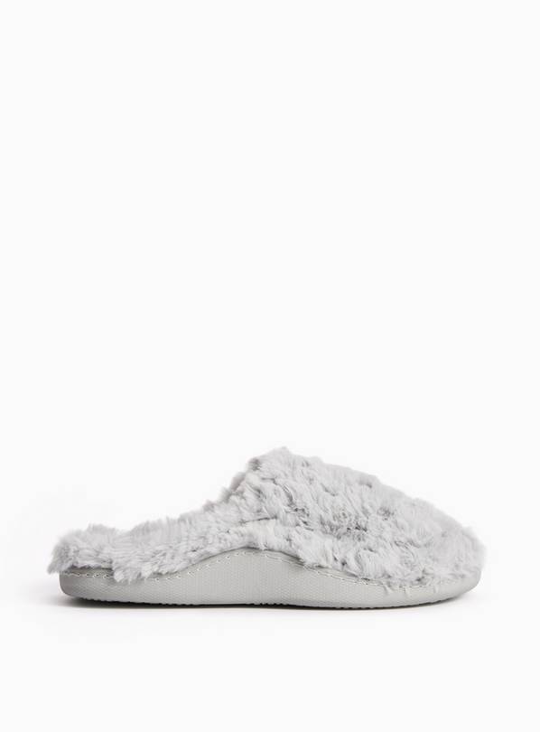 Grey Textured Fur Mule Slippers S