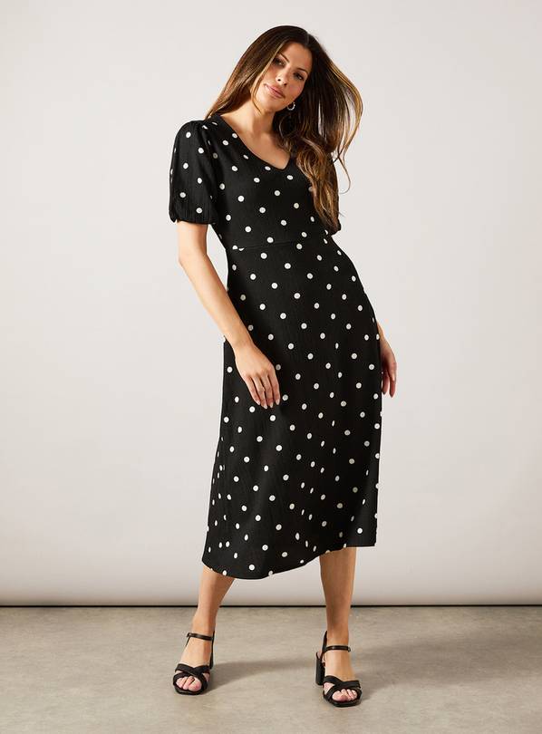 WALLIS Black Spot Print Jersey V Neck Midi Tea Dress 14