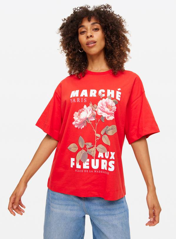 Red Fleur Graphic Print Oversized T-Shirt M