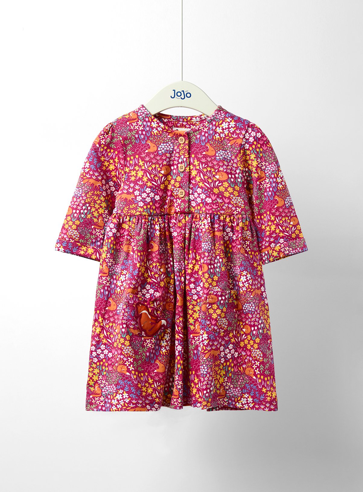 Pink Pink JOJO MAMAN BÉBÉ Fox Floral Pet In Pocket Button Front Dress (12-18 Months) - Tu by Sainsbury's