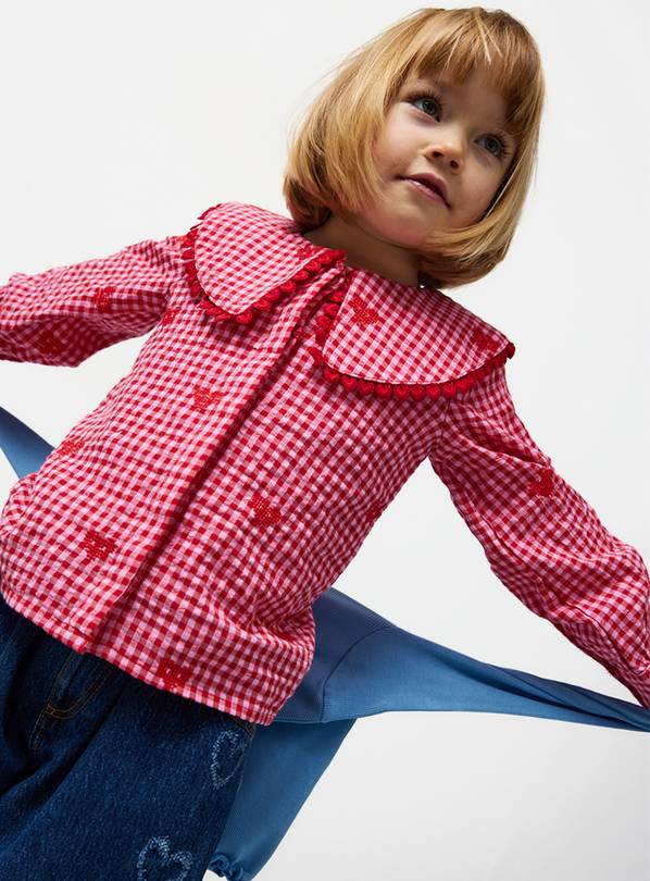 Pink Gingham Heart Print Collared Blouse 2-3 years