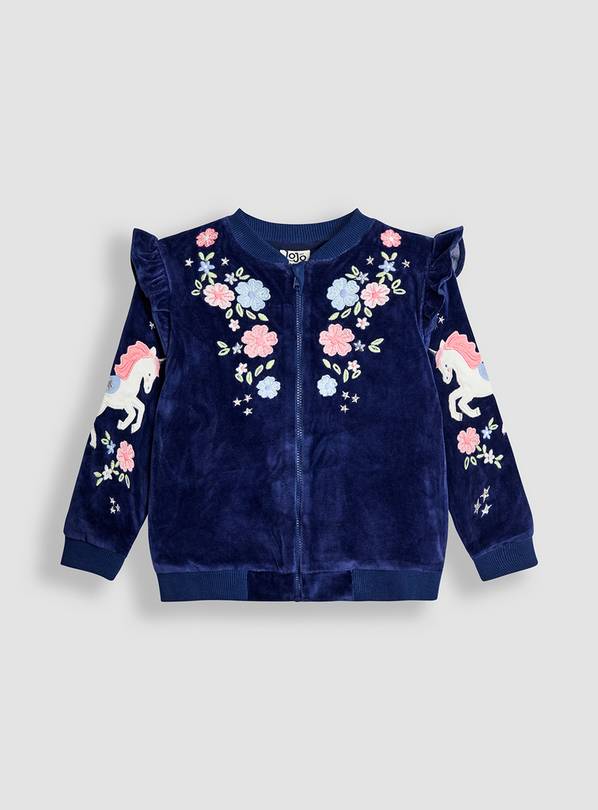 JOJO MAMAN BÉBÉ Unicorn And Floral Embroidered Frill Velour Jacket 6-12 months