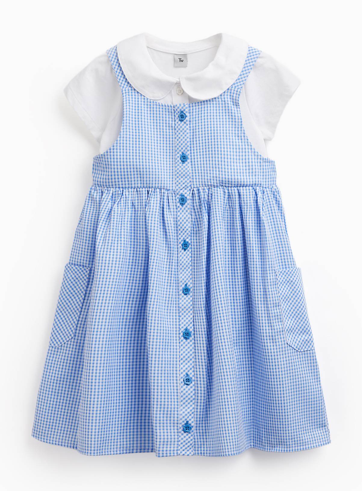 Blue Gingham Mock Pinafore & Polo Dress Set 7 years - Image 1