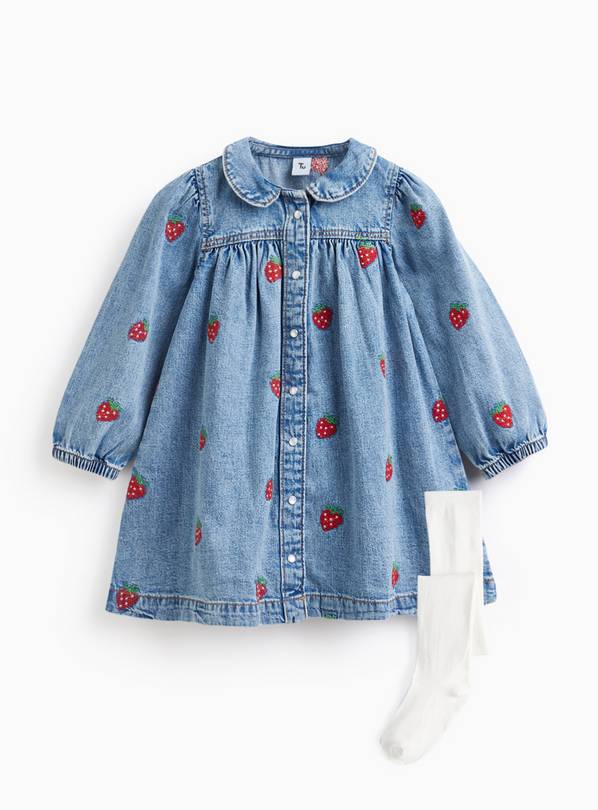 Denim Strawberry Print Dress & Tights Set 5-6 years