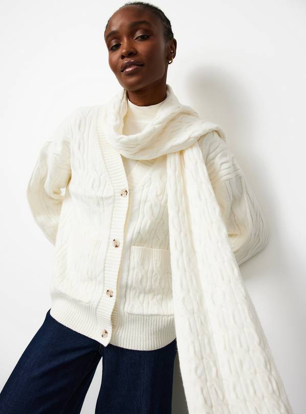 Cream Cable Knit Cardigan & Scarf Set M