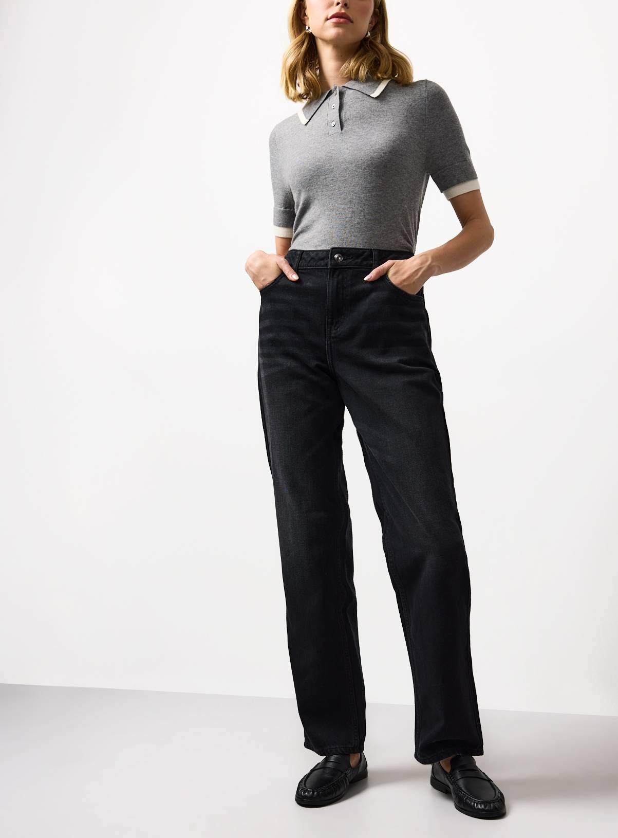 Washed Black Denim Relaxed Straight Leg Jeans 8L - Image 3