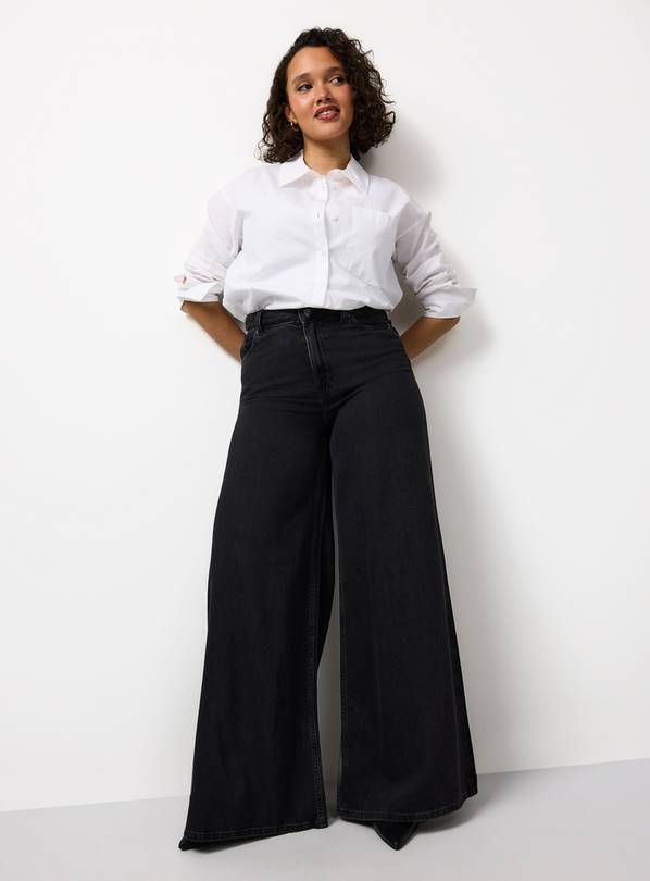 Washed Black Denim Flared Palazzo Jeans 14L