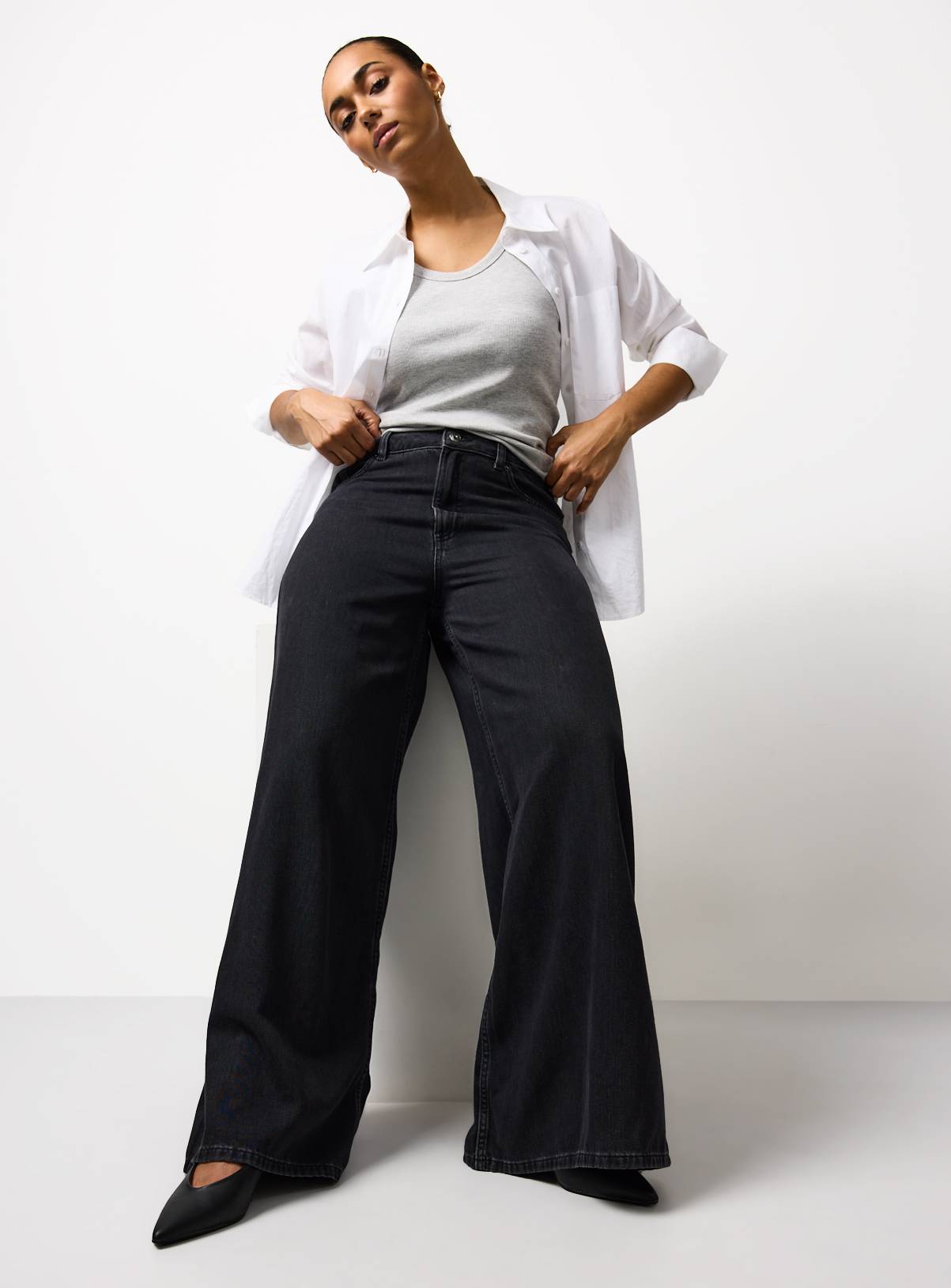 Washed Black Denim Flared Palazzo Jeans 14R - Image 1