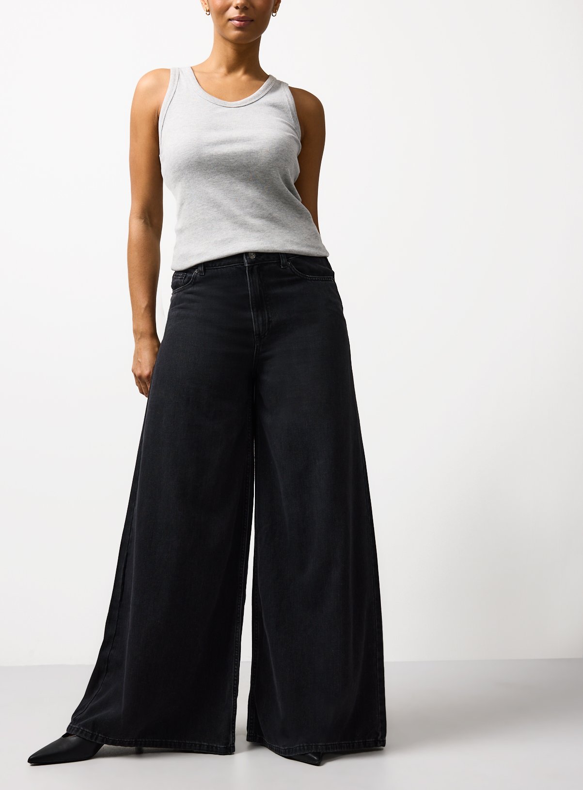 Washed Black Denim Flared Palazzo Jeans 14R - Image 2 thumbnail