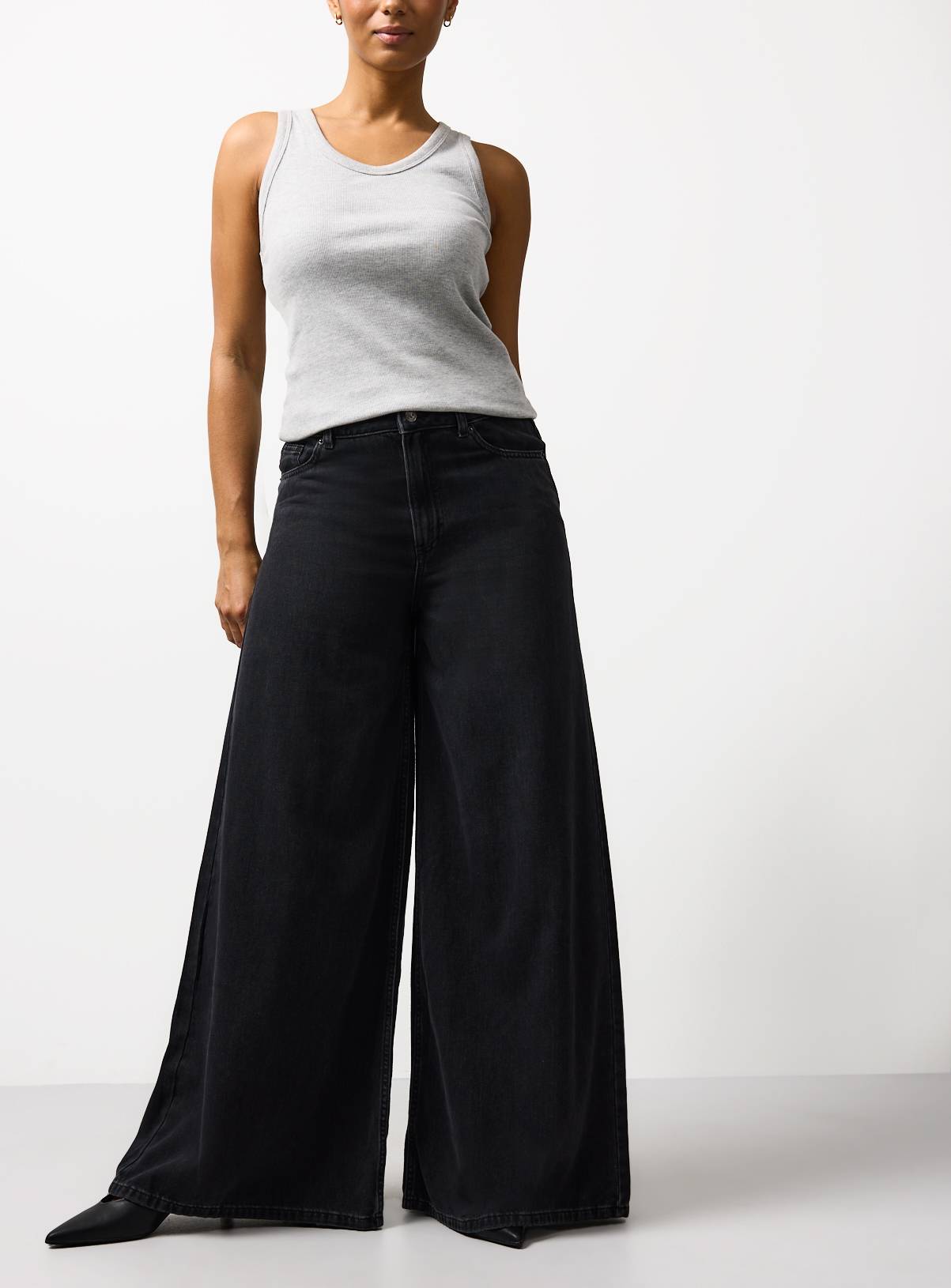 Washed Black Denim Flared Palazzo Jeans 14R - Image 2