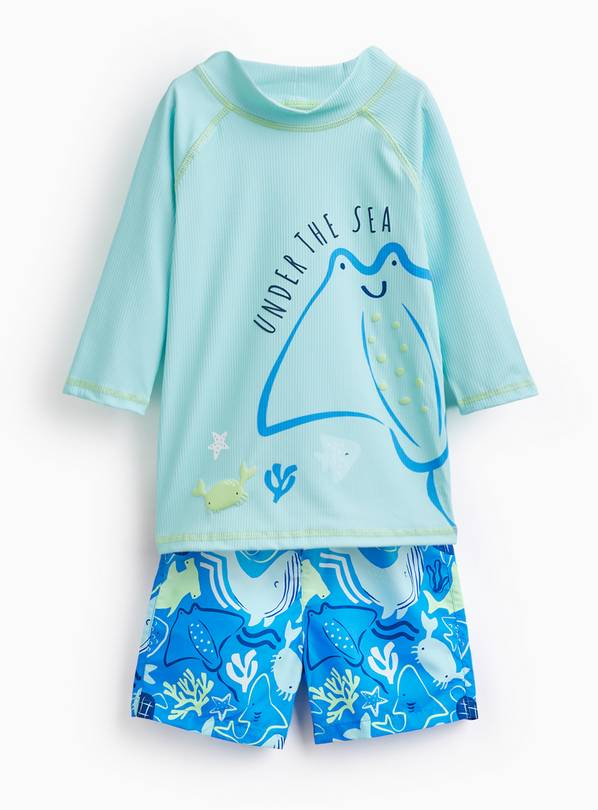 Blue Stingray Print Rash Vest & Shorts Swim Set 1.5-2 years