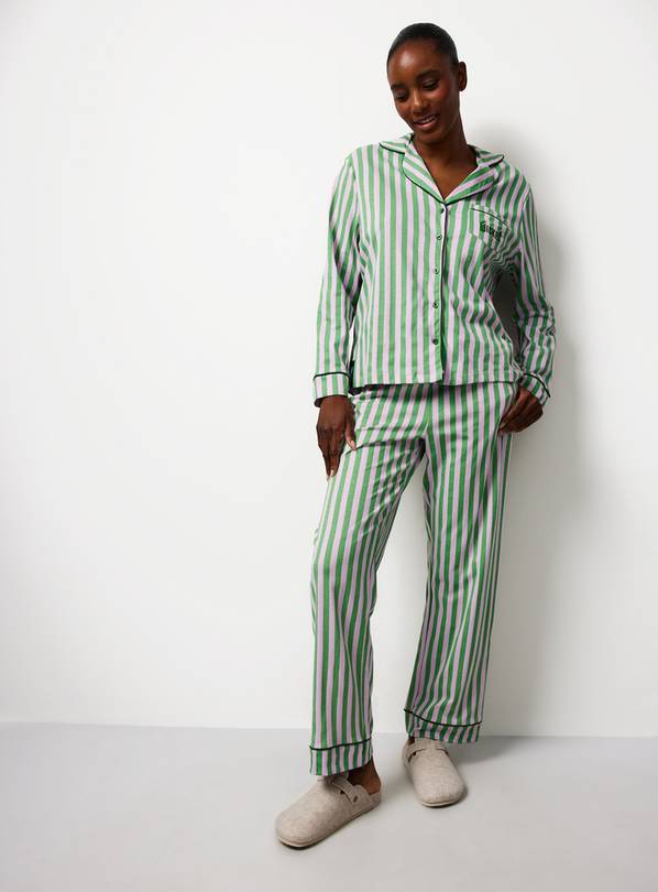 Mini Me Women's Wicked Green & Pink Stripe Print Traditional Pyjamas XXL